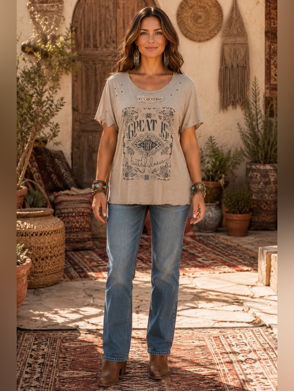 A Rare Bird S/M ptp19 Graphic Short Sleeve Faithfulness Tee in Beige Top
